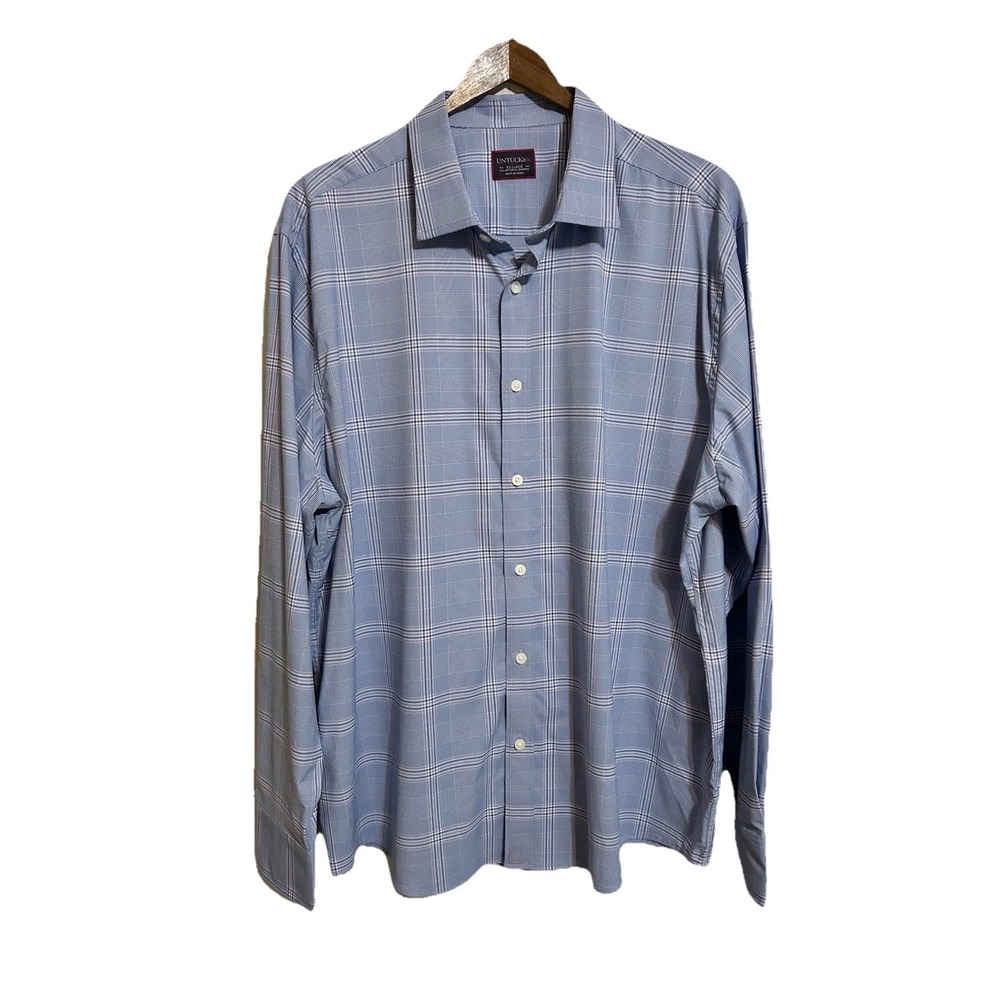 UNTUCKit Long Sleeve Button Front Shirt White/Blue Plaid 100% Cotton